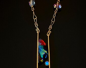 Contemporary Dichroic Glass Pendant Necklace - Brass Fused Glass Necklace - Blue Red Purple - Handcrafted  Jewelry - The Emma Collection