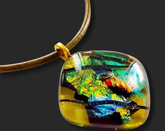 Dichroic Glass Pendant - Handcrafted Fused Glass Jewelry - Yellow Gold Red Green Glass - Unisex Necklace - Gift for Her or Him - Handmade