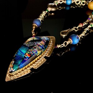 Blue Purple Green Fused Dichroic Glass Brass Pendant - Beaded Gemstone Necklace - Blue Druzy Honey Agate Glass Crystals - Statement Jewelry