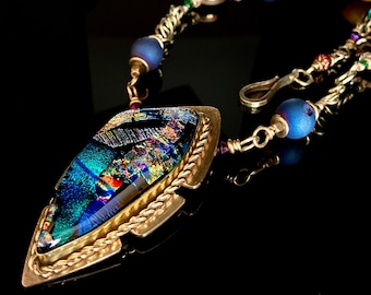 Blue Purple Green Fused Dichroic Glass Brass Pendant - Beaded Gemstone Necklace - Blue Druzy Honey Agate Glass Crystals - Statement Jewelry