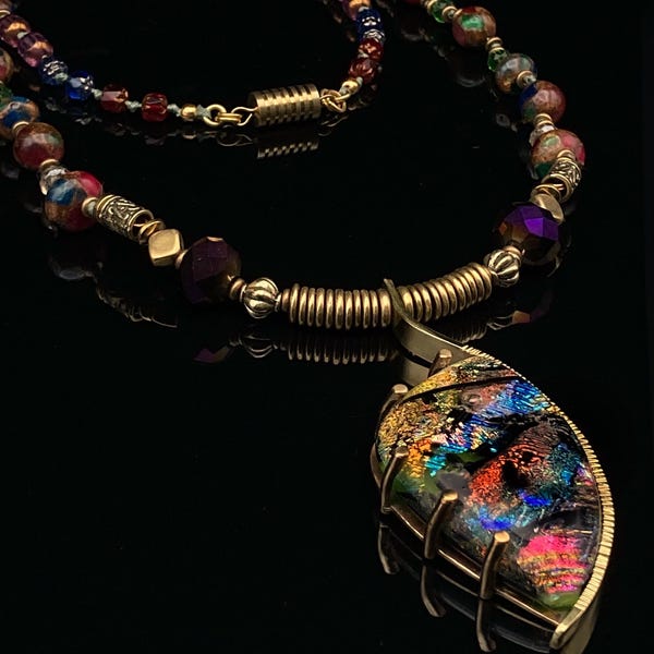 Beaded Dichroic Glass Pendant Necklace - Brass Fused Glass Statement Necklace - Multicolor Long Handcrafted Necklace - Contemporary Jewelry
