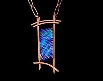 Contemporary Dichroic Glass Copper Pendant Necklace - Rectangular Teal Purple Green Fused Glass - Handcrafted Unisex Jewelry -Handmade chain