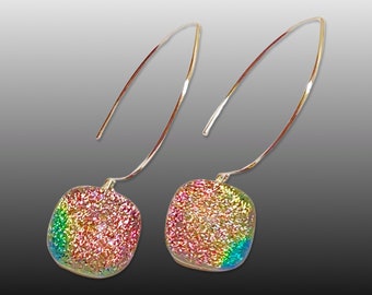 Pink Green Dichroic Glass Earrings - Pierced Drop Earrings - Silver Plated Ear Wires - Square Shaped Glass - by 3D Glass Designs