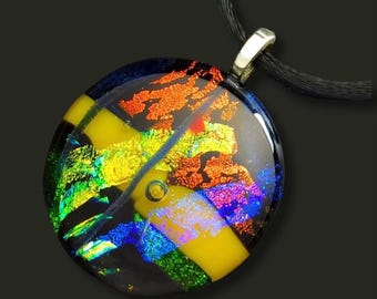 Dichroic Glass Pendant - Handcrafted Fused Glass Jewelry - Green Blue Yellow Purple - Multicolor Unisex Necklace - Gift for Her or Her