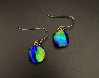 Blue Green Gold Dichroic Glass Earrings - Pierced Drop Earrings - Gold-Plated Ear Wire - Square Shaped Fused Glass - by 3D Glass Designs
