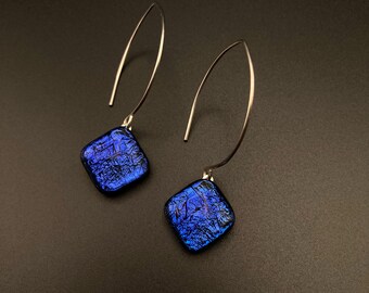 Blue Dichroic Glass Earrings - Pierced Drop Earrings - Long Silver-Plated Ear Wire - Diamond Shaped Fused Glass - by 3D Glass Designs