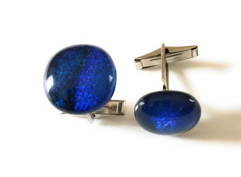 Unisex Jewelry Father\u2019s Day Gift Dichroic Glass Cuff Links in Blue