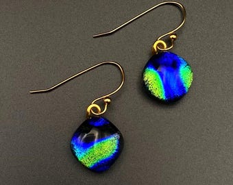 Blue Green Gold Dichroic Glass Earrings - Pierced Drop Earrings - Gold-Plated Ear Wire - Diamond Shaped Fused Glass - by 3D Glass Designs