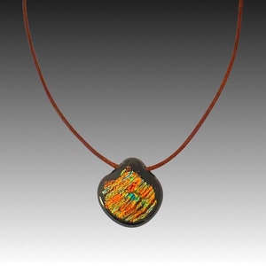 Small Orange Green Blue Fused Glass Pendant - Dichroic Glass Leather Necklace - Handmade Jewelry by 3D Glass Designs