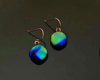 Blue Green Gold Dichroic Glass Earrings - Pierced Drop Earrings - Gold-Plated Ear Wire - Diamond Shaped Fused Glass - by 3D Glass Designs