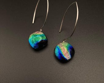 Blue Green Pink Dichroic Glass Earring - Pierced Long Drop Earring -Silverplated Ear Wire - Diamond Shaped Fused Glass - by 3D Glass Designs