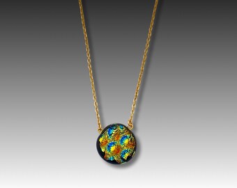 Small Gold Green Blue Fused Glass Pendant - Round Dichroic Glass Chain Necklace - Handmade Jewelry by 3D Glass Designs