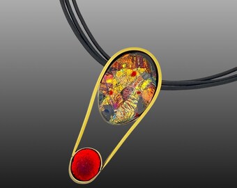 Fused Dichroic Glass Brass Pendant Necklace-Handmade Minimalist Jewelry-Statement Necklace-Unisex-Contemporary-Red Gold-The Emma Collection