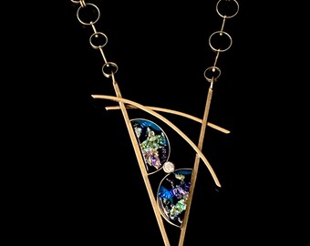 Dichroic Glass Pendant Necklace - Custom Brass Necklace - Geometric Fused Glass Semi-Circles - Teal Purple Gold -  By 3D Glass Designs