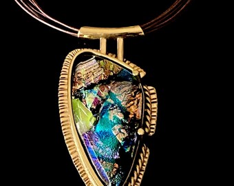 Brass Fused Glass Statement Pendant Necklace - Handcrafted Dichroic Glass Pendant - Contemporary Jewelry - Unique Custom Design