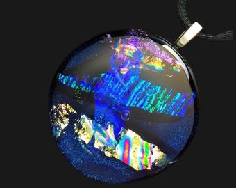 Dichroic Glass Pendant - Handcrafted Fused Glass Jewelry - Blue Purple Silver Midnight Blue - Unisex Necklace - Gift for Her or Him - Unique