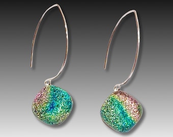 Pink Green Dichroic Glass Earrings - Pierced Long Drop Earrings - Silver Plated Ear Wires - Diamond Shaped Glass - by 3D Glass Designs