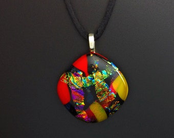 Dichroic Glass Pendant - Handcrafted Fused Glass Jewelry - Red Blue Purple Yellow - Unisex Necklace - Gift for Her or Him -Handmade - Unique