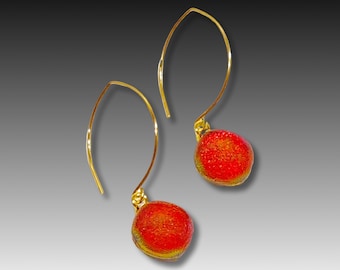 Red Dichroic Glass Earrings - Pierced Drop Earrings - Gold-Plated - Round Fused Ruby Red Glass  Long Ear Earrings - by 3D Glass Designs