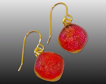 Red Dichroic Glass Earrings - Pierced Drop Earrings - Round Fused Ruby Red Glass Ear Hugging Earrings - by 3D Glass Designs