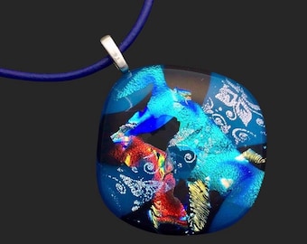 Dichroic Glass Pendant - Handcrafted Fused Glass Jewelry - Teal Red Silver - Unisex Necklace - Gift for Her or Him - Handmade -One of a Kind