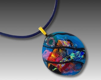 Blue Transparent Glass Pendant with Red Blue Green Purple Dichroic Glass - Unisex Necklace - Handmade Jewelry by 3D Glass Designs
