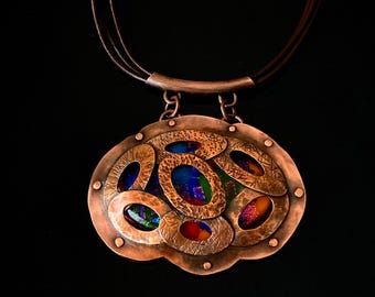 Dichroic Glass Copper Pendant Necklace - Oval Multicolored Fused Glass - Large Statement Pendant - Unique Custom Design - Unisex Jewelry