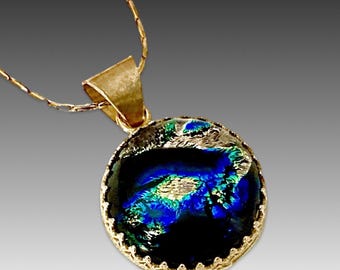 Small Brass Dichroic Glass Pendant - Fused Glass in Blue Green Gold Pink - Handmade - Gift for Her - Small Glass Pendant - Brass Jewelry