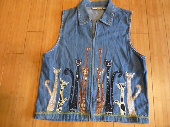 Dress Barn Denim Cat Vest Vintage Vest Zip Denim Jean Vest Xl Etsy