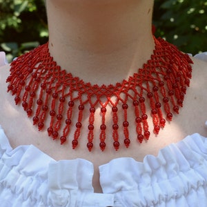 Red Beaded Fringe Necklace: Traditional Hungarian Beadwork Choker