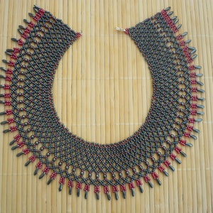 Wide Beaded Collar Necklace: Hematite Black & Red Seed Beads
