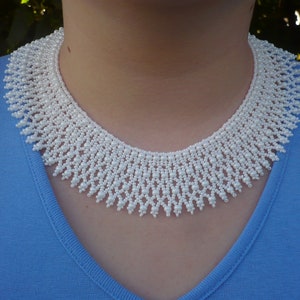 White Seed Bead Necklace, White Ukrainian Netted Necklace, Ukraininan Jewelry, Statement Necklace, White collar necklace, gift for her