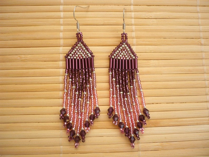 chandelier earrings purple-rose crystal gradient earrings long dangle earrings sead bead earrings, beaded fringe earrings