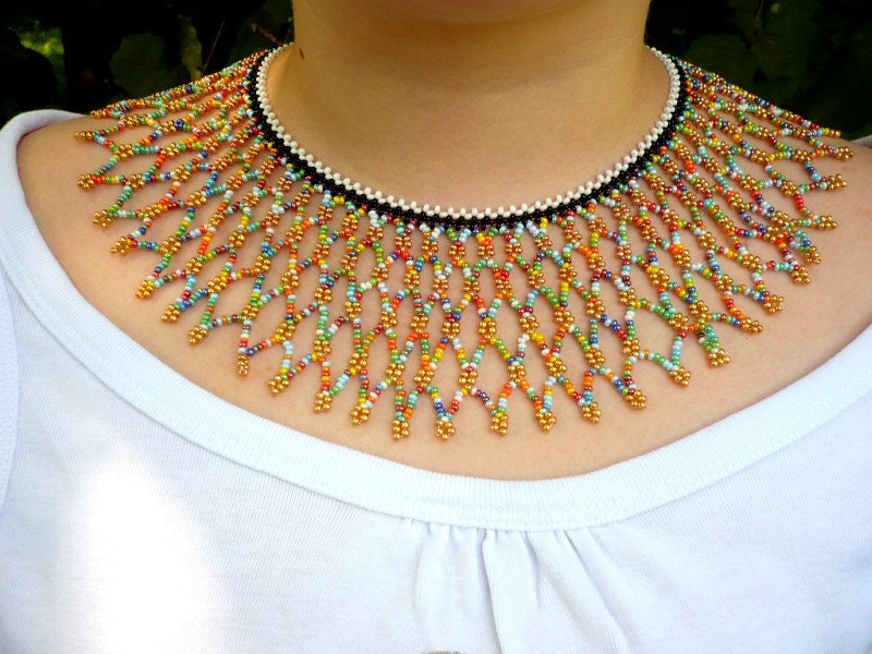 Colorful Boho Beadwork Netted Necklace, Seed Bead Collar Necklace