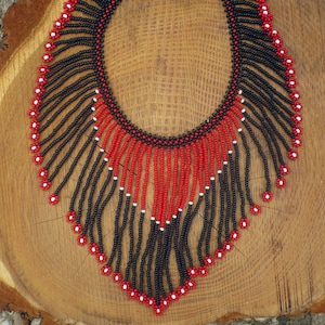 Hungarian Folk Art Beaded Fringe Necklace: Black, Red & White