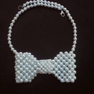 glass pearl bow tie necklace for women, women pearl necklace, glass pearl jewelry, glass pearl bowtie necklace, gift for her