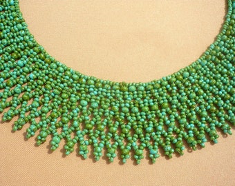 Green turquoise color wide beadwork necklace for women, turquoise netted necklace, seed beaded collar necklace, seed bead statement necklace