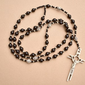 Black-silver  mens rosary necklace, gift for men,mens cross necklace,black rosary necklace,personalized rosary, christmas gift for boyfriend