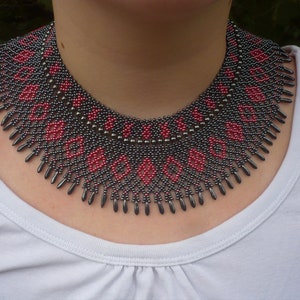 Hematite black-dark red color wide beadwork ukrainian necklace, black-red netted necklace, collar necklace, seed bead statement necklace