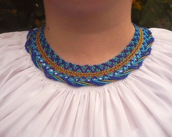 Blue-gold beadwork choker collar necklace, beadwork jewelry, beaded necklace, women necklace, gift for her, gift for women, choker necklace