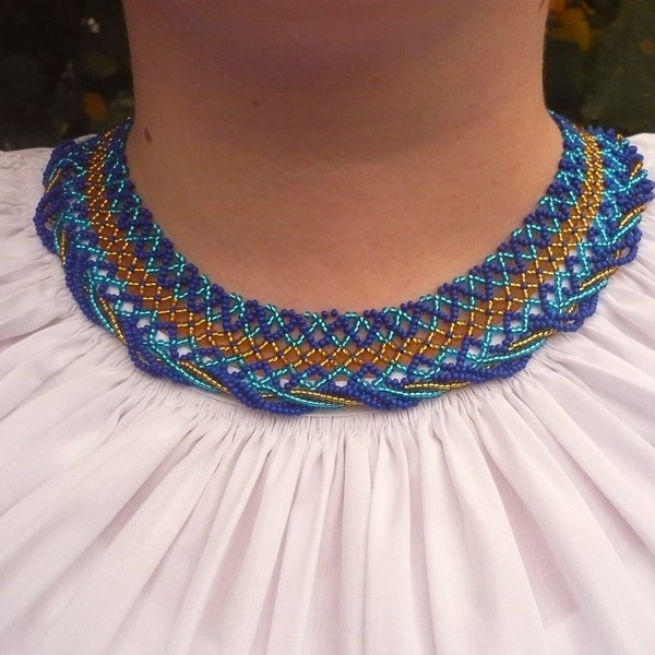 Blue-gold beadwork choker collar necklace, beadwork jewelry, beaded necklace, women necklace, gift for her, gift for women, choker necklace