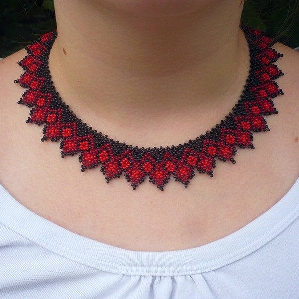 Black- red seed beaded ukrainian choker collar necklace, beaded collar choker for women,  seed beaded statement necklace,necklaces for women