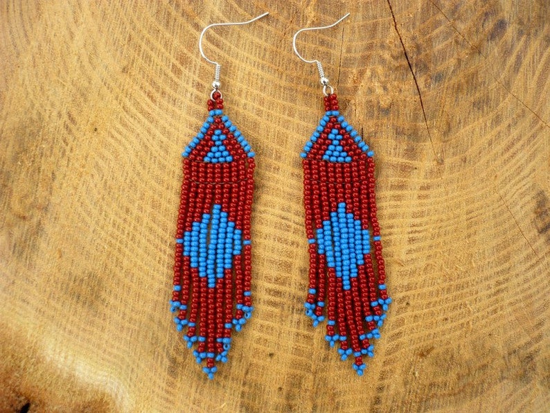 handmade earrings seed beaded fringe earrings seed bead jewelry Brown-blue color long dangle beadwork earrings handmade jewelry