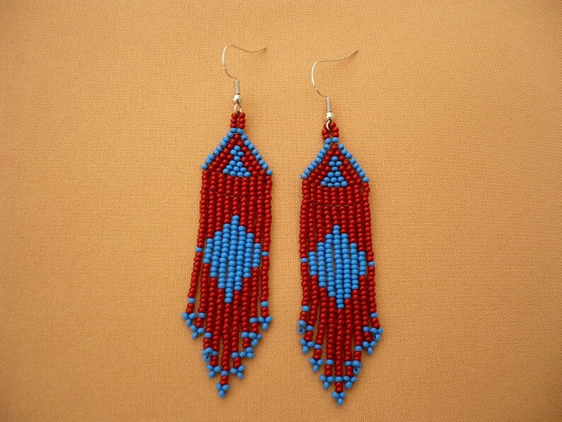 handmade earrings seed beaded fringe earrings seed bead jewelry Brown-blue color long dangle beadwork earrings handmade jewelry