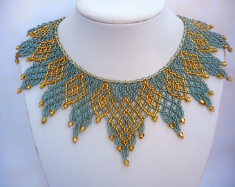 Blue-Copper-Gold Bead Lace Choker Necklace - Handcrafted Ukrainian-Style Collar -Beaded Statement Jewelry