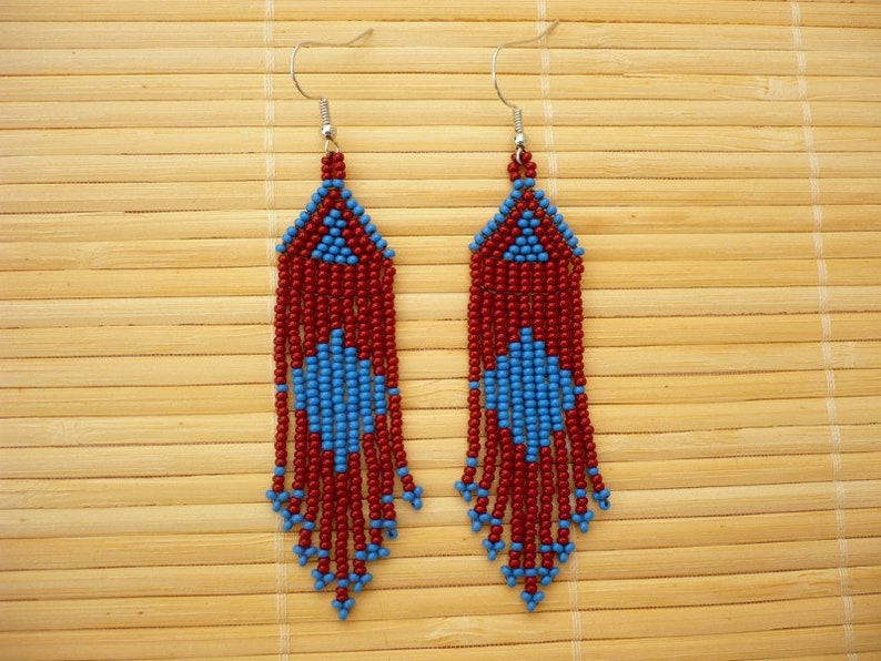 handmade earrings seed beaded fringe earrings seed bead jewelry Brown-blue color long dangle beadwork earrings handmade jewelry