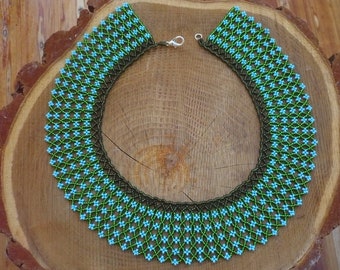 Green-blue beadwork choker collar necklace, beadwork jewelry, beaded necklace, women necklace, gift for her, gift for women, choker necklace