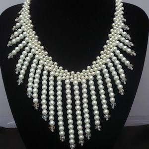White glass pearl beadwork statement necklace, white glass pearl chunky statement necklace, chunky statement necklace