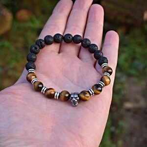 Tiger Eye & Lava Stone Mens Bracelet: Gemstone Bead Jewelry