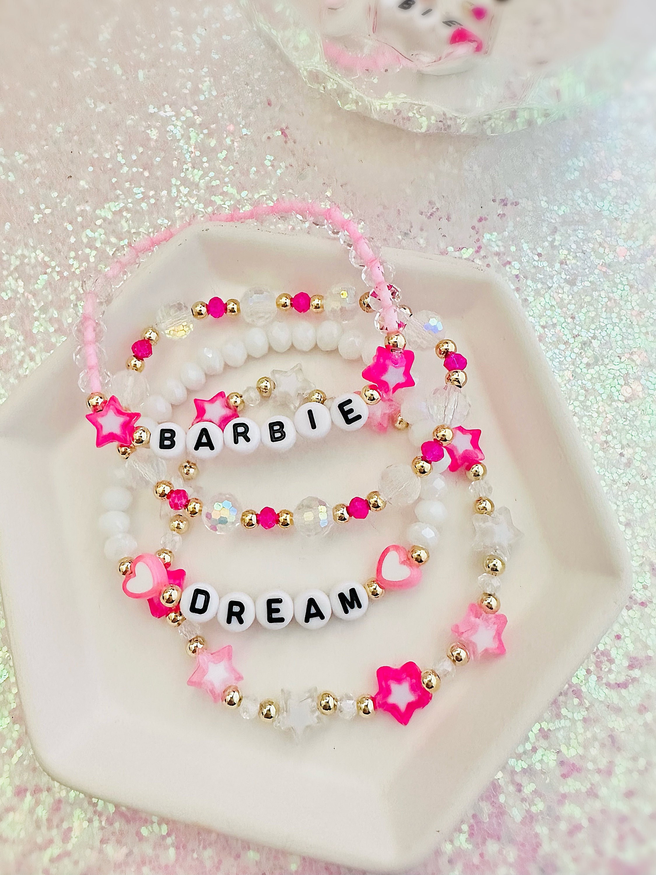 Pink Barbie Beaded Charm Bracelet Set w/ Heart Charms Halloween Costume  Jewelry